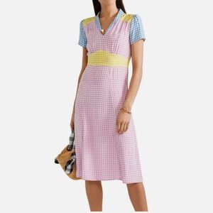 HVN Dress 10 Silk V Neck A Line Plaid Gingham Pastel